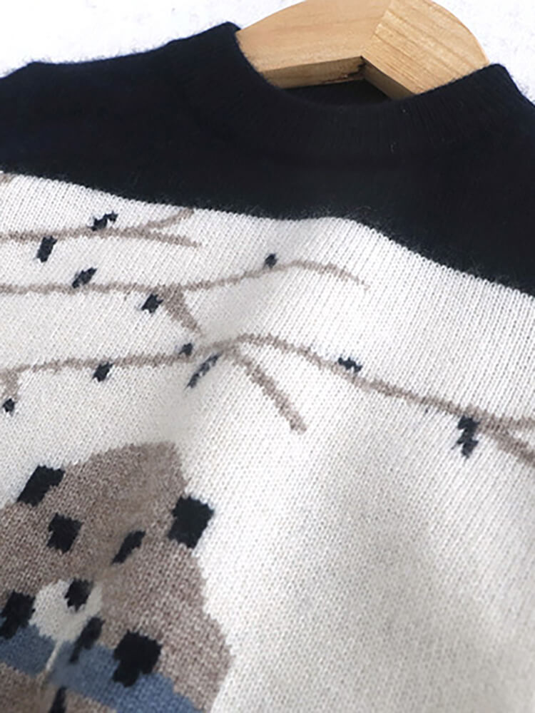 Kids Cozy Animal Otter and Tree Knit Cashmere Crewneck Pullover